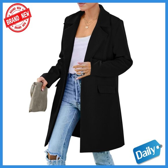 Women's Long Blazer Jacket Loose Fit Padded Shoulder Lapel Pockets Polyester